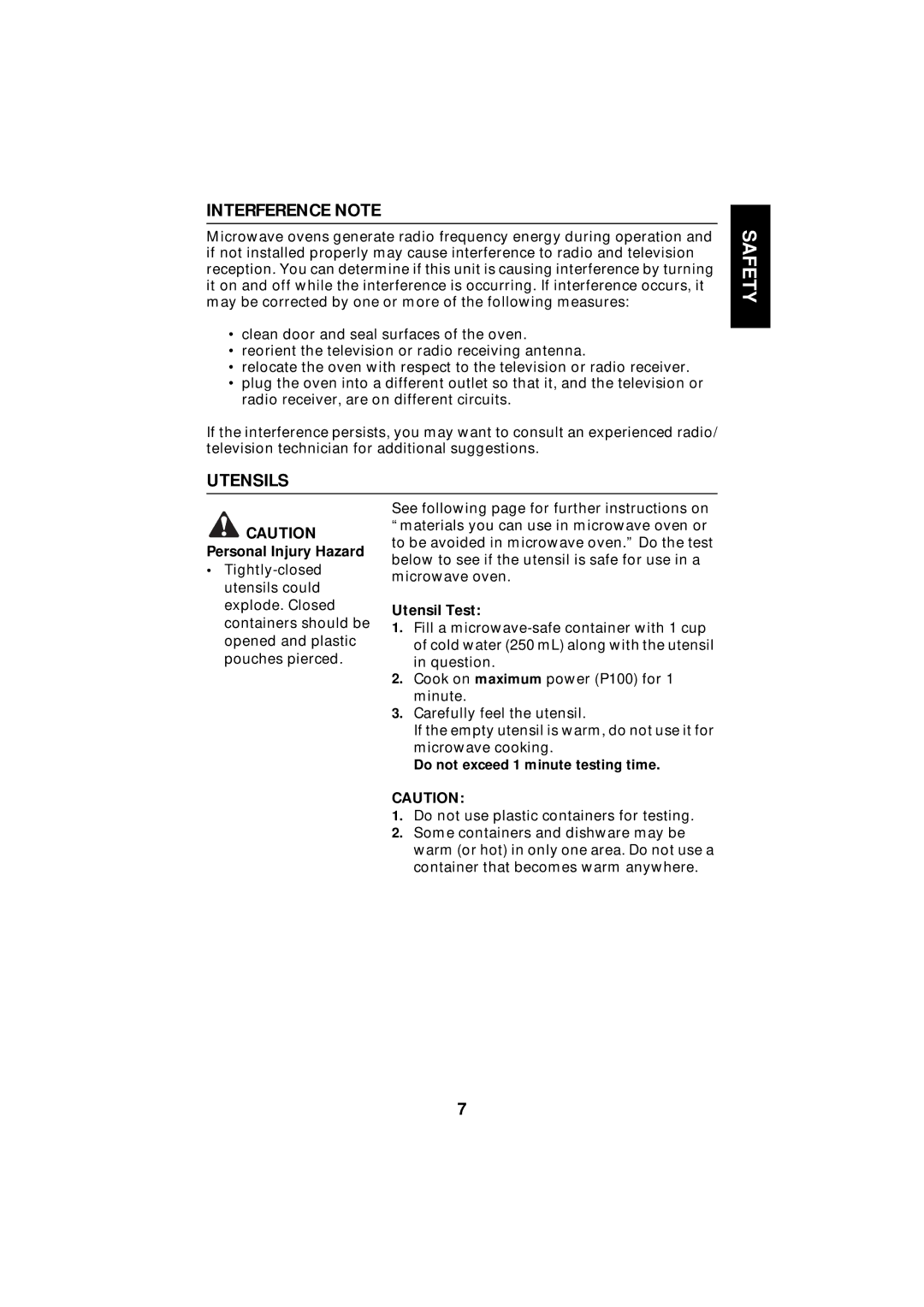 Maytag UMC5100AD Interference Note, Utensils, Personal Injury Hazard, Utensil Test, Do not exceed 1 minute testing time 