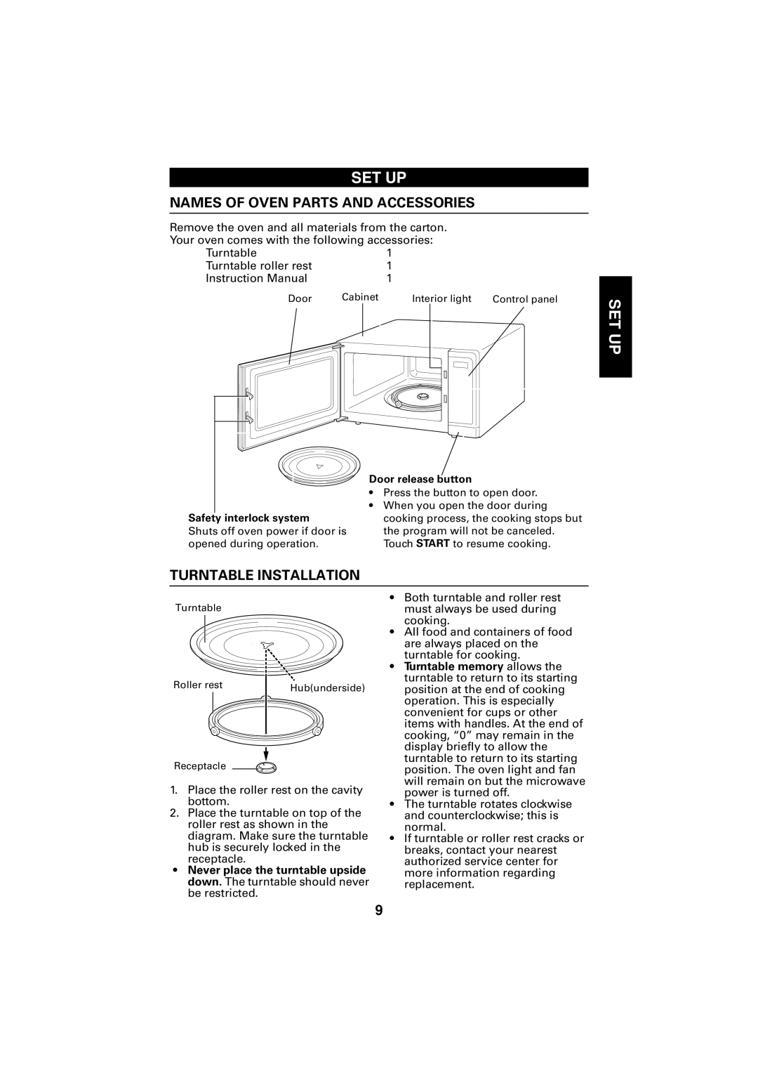 Maytag UMC5100AD manual Set Up, Names of Oven Parts and Accessories, Turntable Installation, Turntable memory allows 