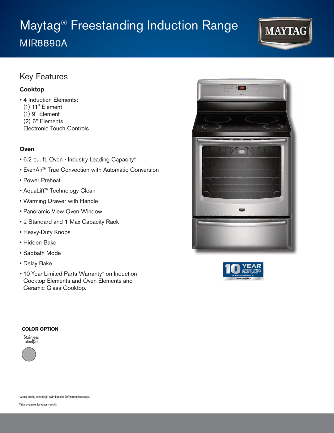 Maytag MIR8890A warranty Maytag Freestanding Induction Range, Key Features 