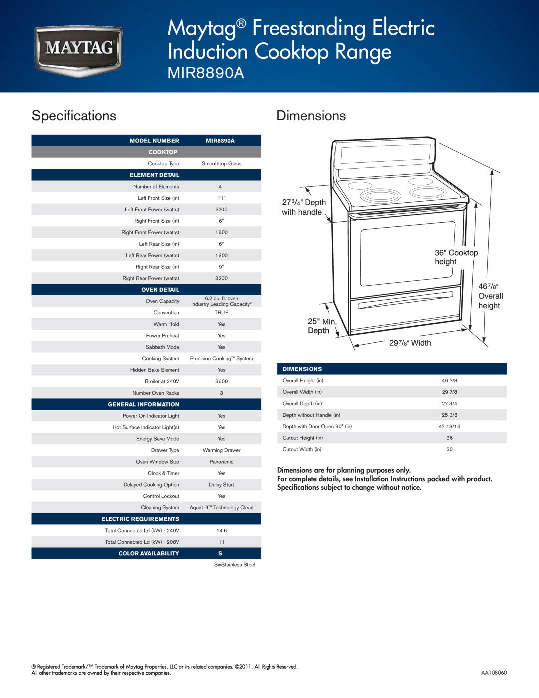 Maytag MIR8890A warranty Specifications, Dimensions 