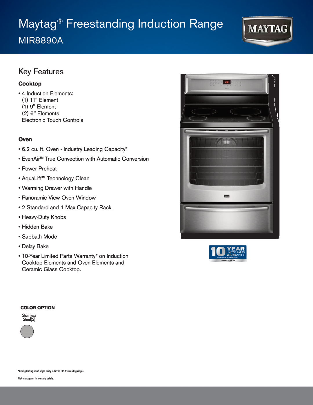 Maytag MIR8890A warranty mir8890a, Key Features, Maytag Freestanding Induction Range, Cooktop, Oven 