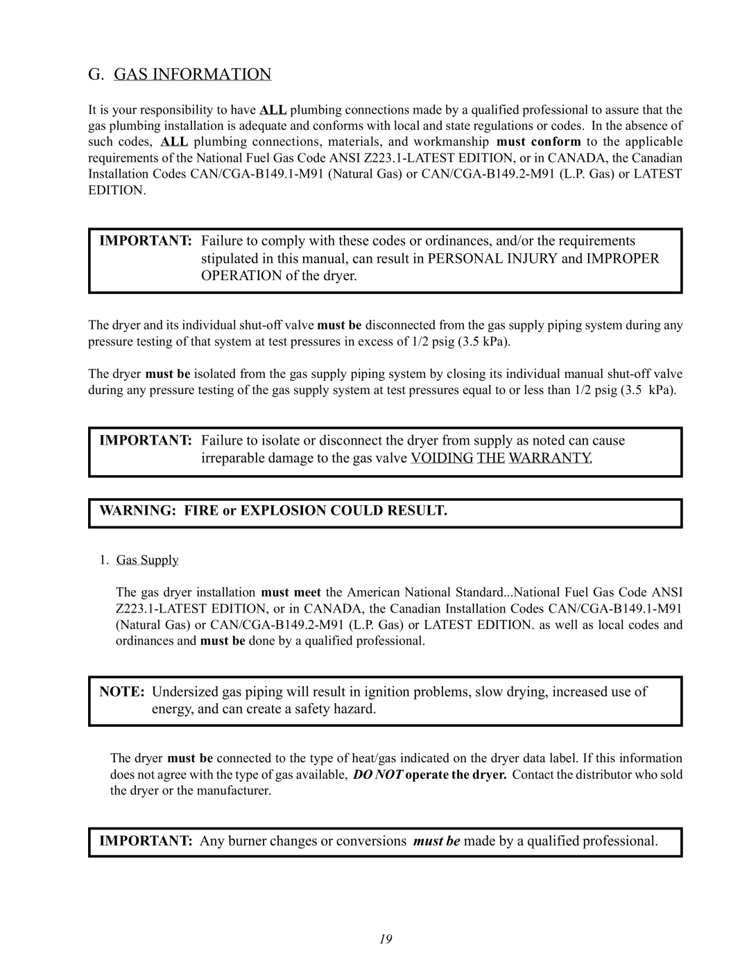 Maytag MLG32PDA manual GAS Information 