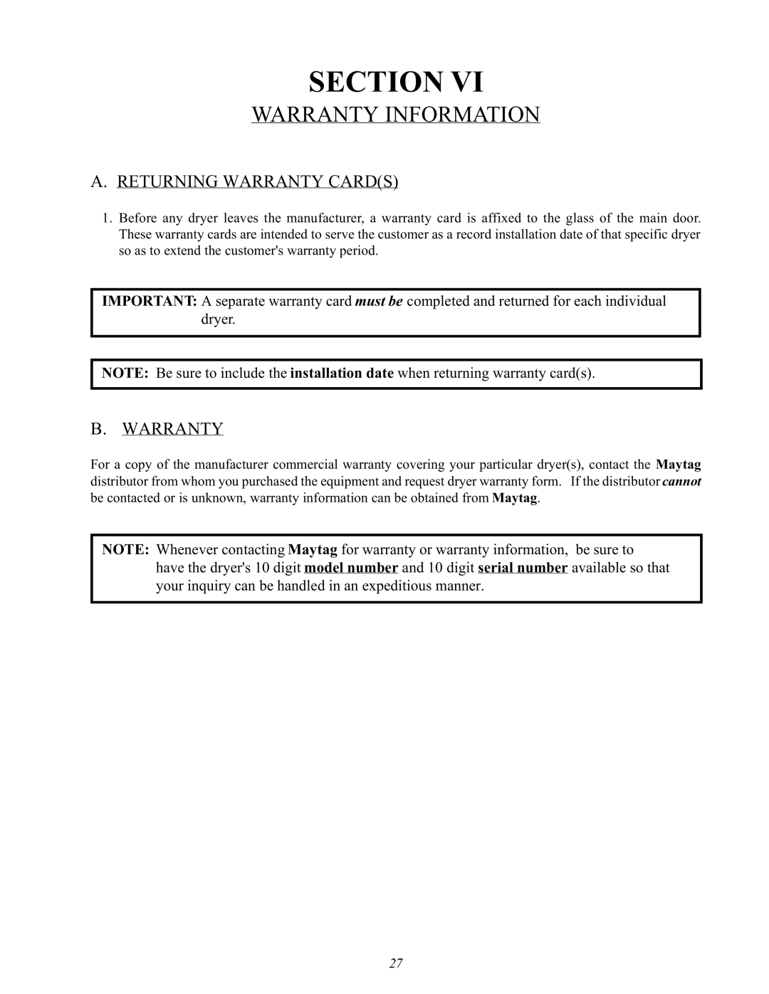 Maytag MLG32PDA manual Warranty Information, Returning Warranty Cards 