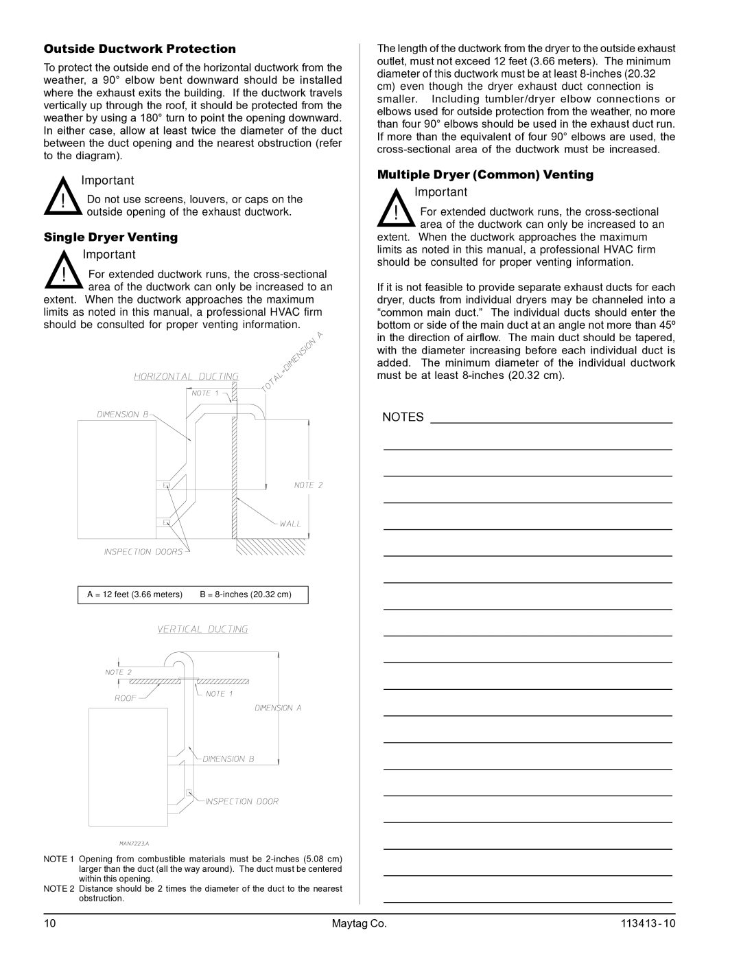 Maytag MLG33 manual Outside Ductwork Protection, Single Dryer Venting, Multiple Dryer Common Venting 