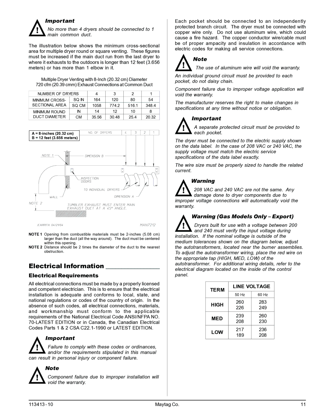 Maytag MLG33 manual Electrical Information, Electrical Requirements 