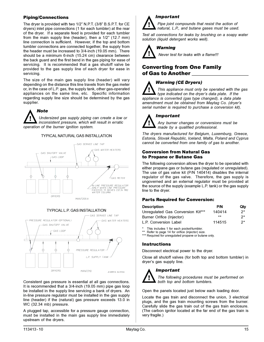 Maytag MLG33 Converting from One Family Gas to Another, Piping/Connections, Parts Required for Conversion, Instructions 