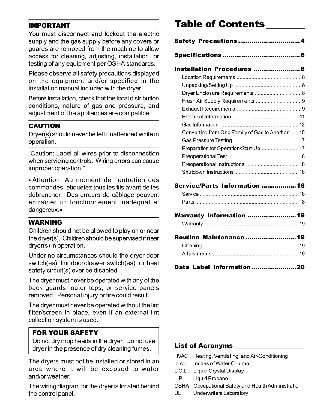 Maytag MLG33 manual Table of Contents 