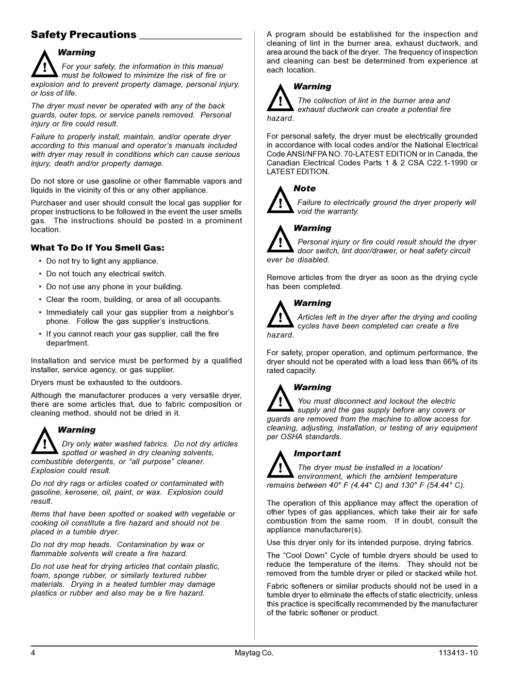 Maytag MLG33 manual Safety Precautions, What To Do If You Smell Gas 