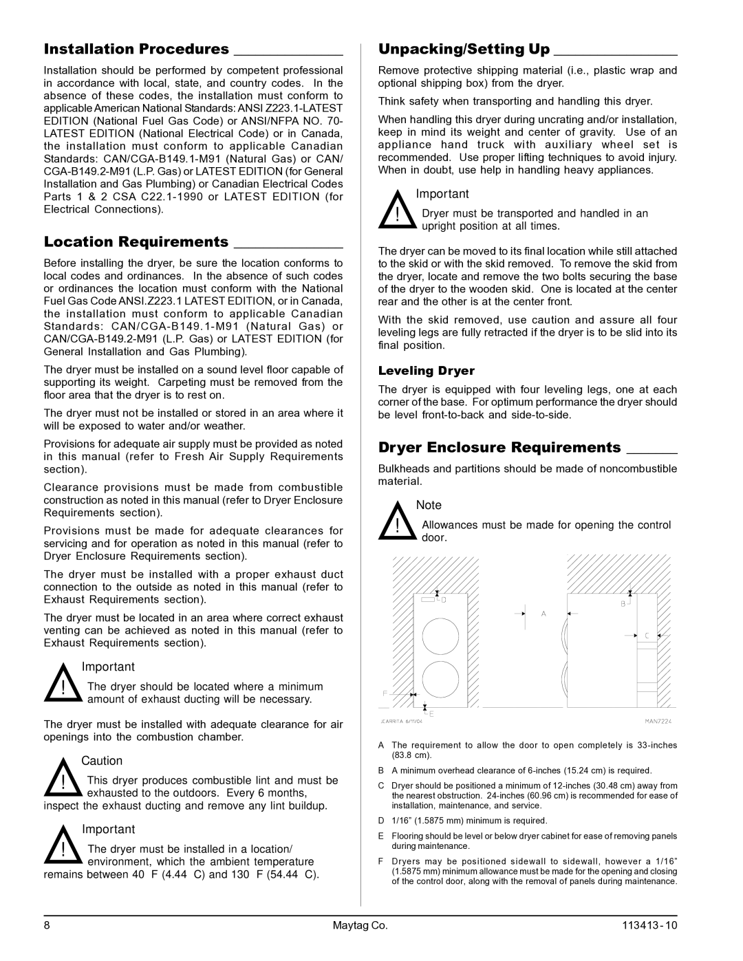 Maytag MLG33 manual Installation Procedures, Location Requirements, Unpacking/Setting Up, Dryer Enclosure Requirements 