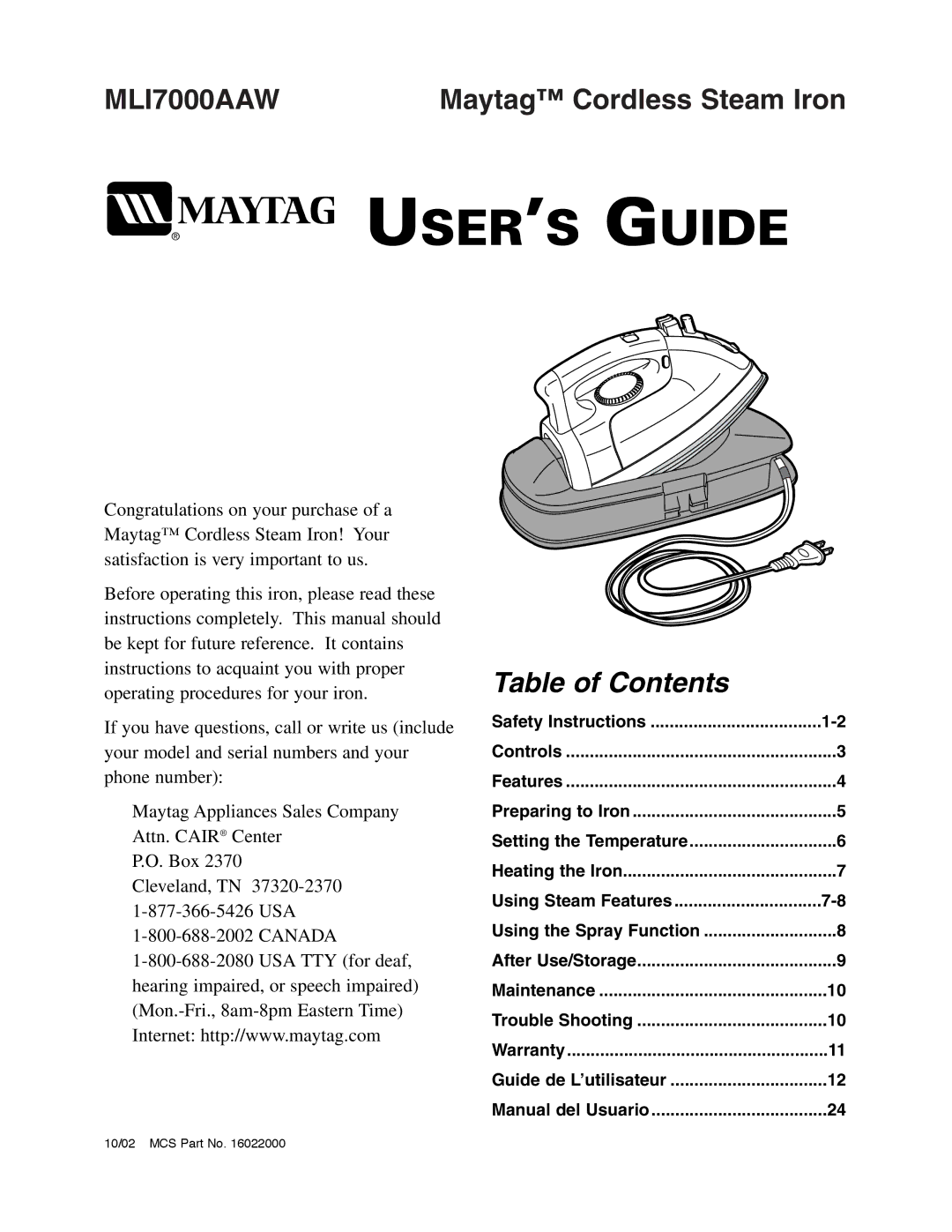 Maytag MLI7000AAW warranty USER’S Guide 