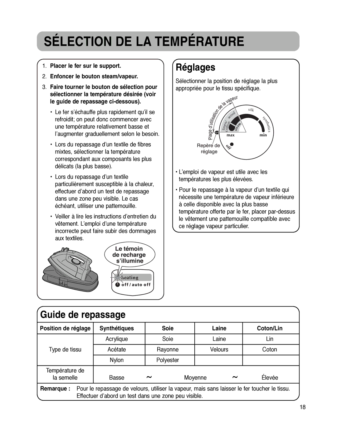 Maytag MLI7000AAW warranty Sélection DE LA Température, Réglages, Guide de repassage, Synthétiques Soie Laine Coton/Lin 