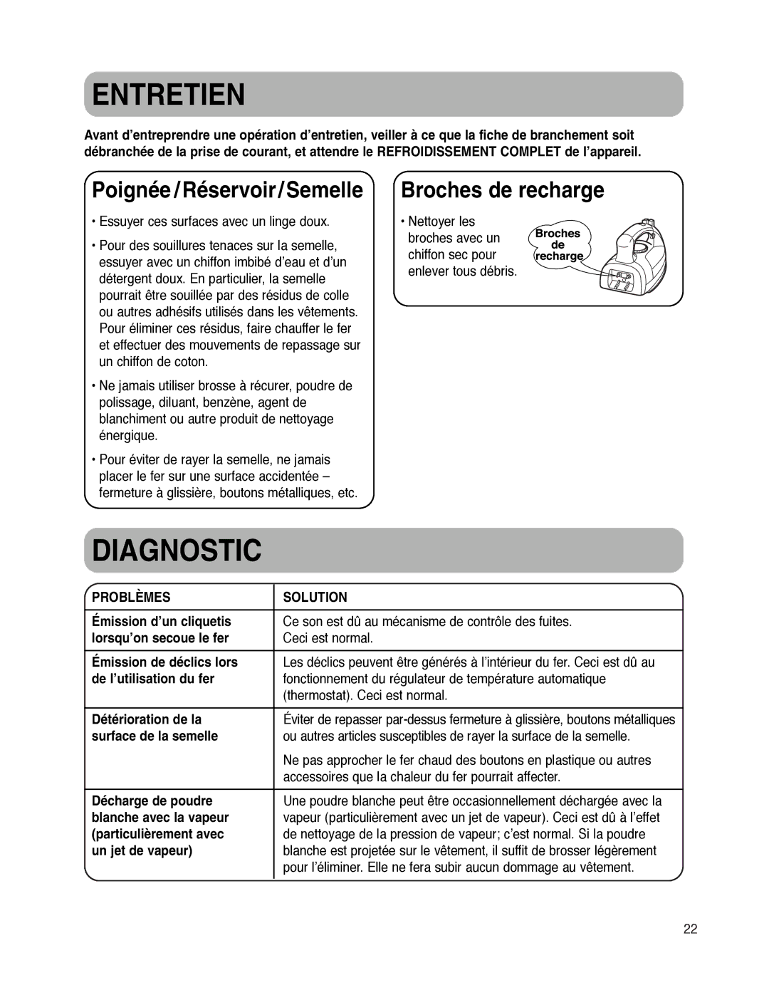 Maytag MLI7000AAW warranty Entretien, Diagnostic, Broches de recharge 