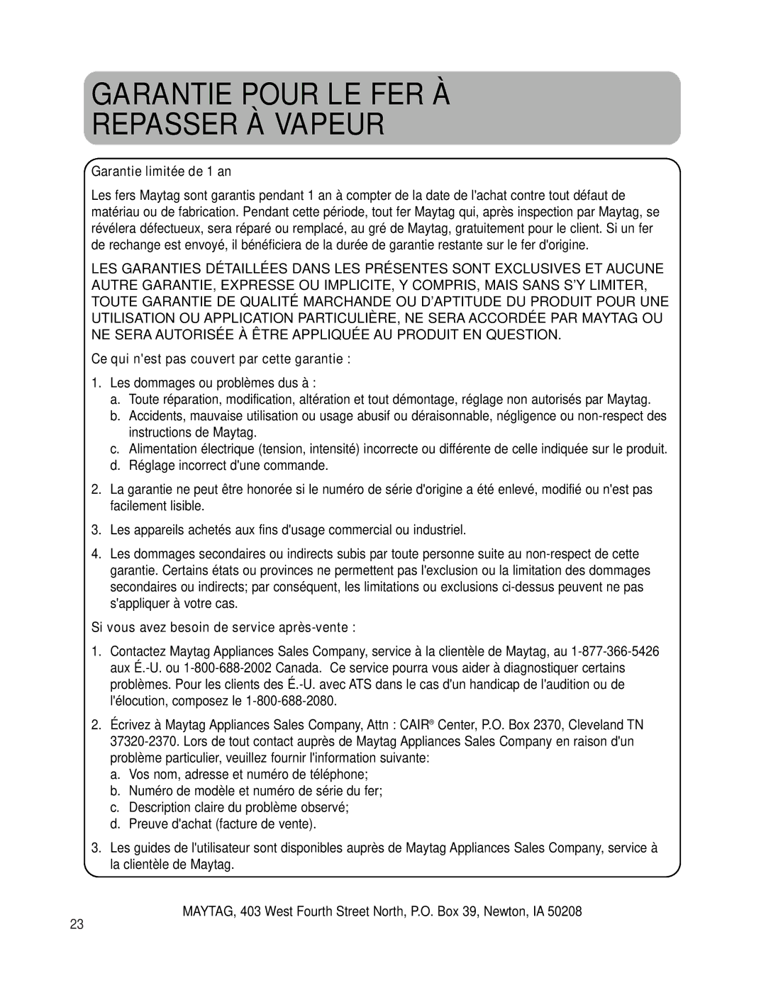 Maytag MLI7000AAW warranty Garantie Pour LE FER À Repasser À Vapeur, Garantie limitée de 1 an 