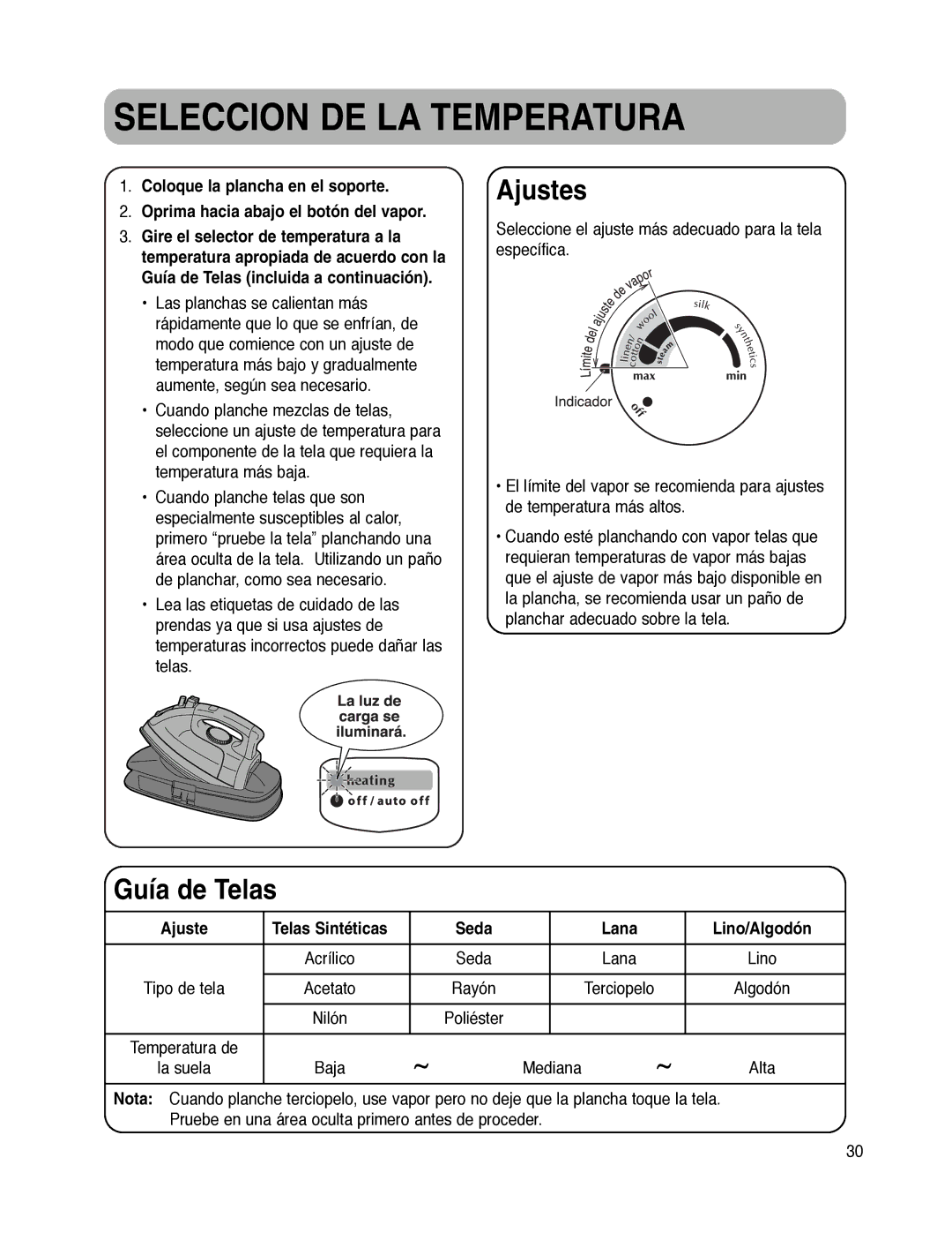 Maytag MLI7000AAW Seleccion DE LA Temperatura, Ajustes, Guía de Telas, Ajuste Telas Sintéticas Seda Lana Lino/Algodón 