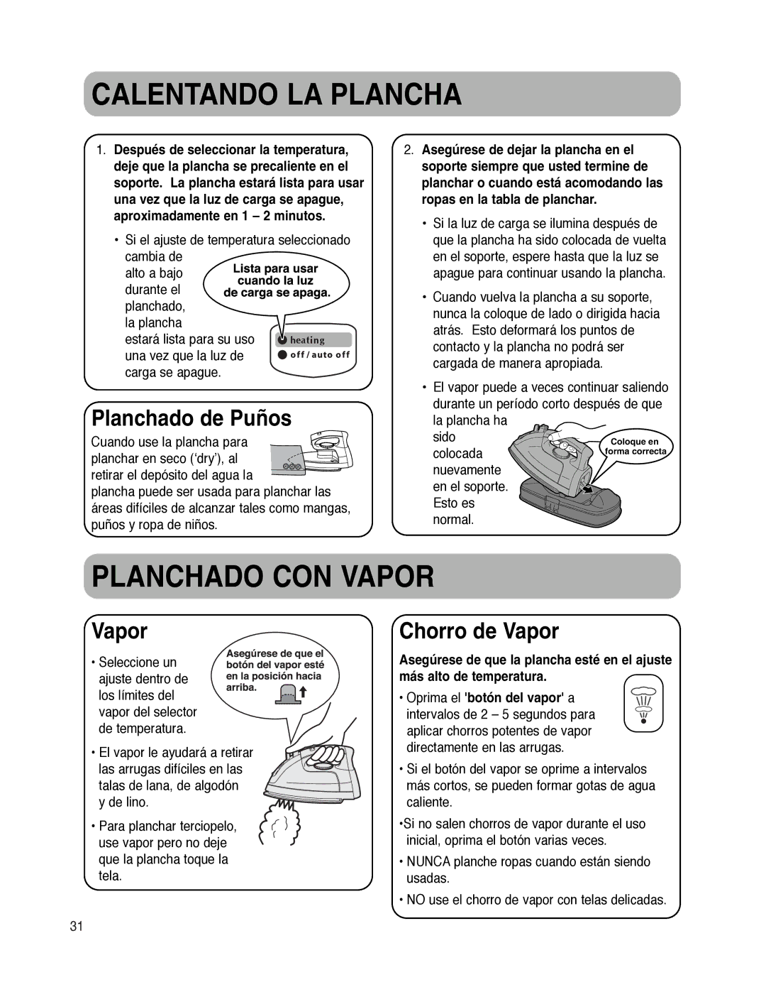 Maytag MLI7000AAW warranty Calentando LA Plancha, Planchado CON Vapor, Planchado de Puños, Chorro de Vapor 