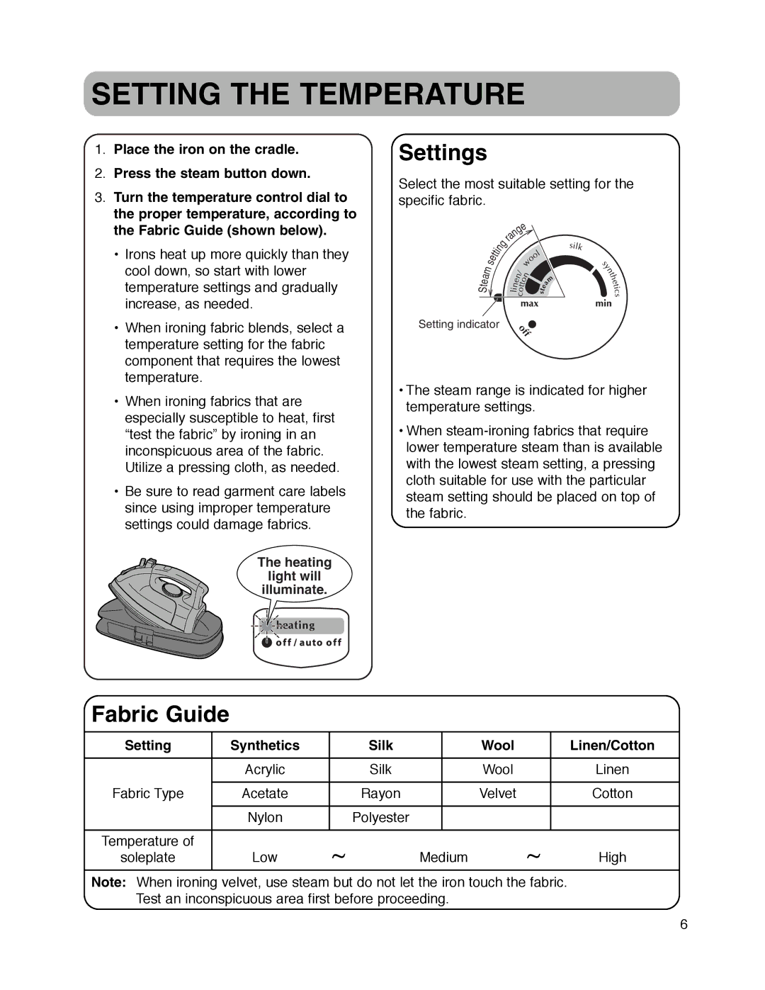 Maytag MLI7000AAW warranty Setting the Temperature, Settings, Fabric Guide, Setting Synthetics Silk Wool Linen/Cotton 