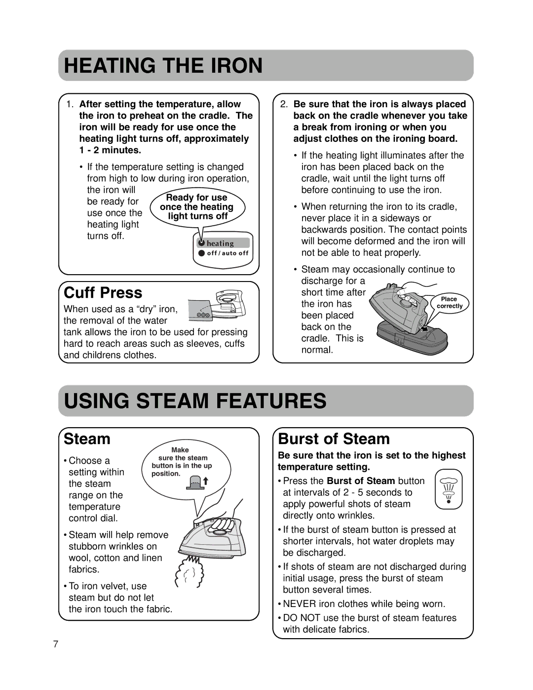 Maytag MLI7000AAW warranty Heating the Iron, Using Steam Features, Cuff Press, Steam Burst of Steam 