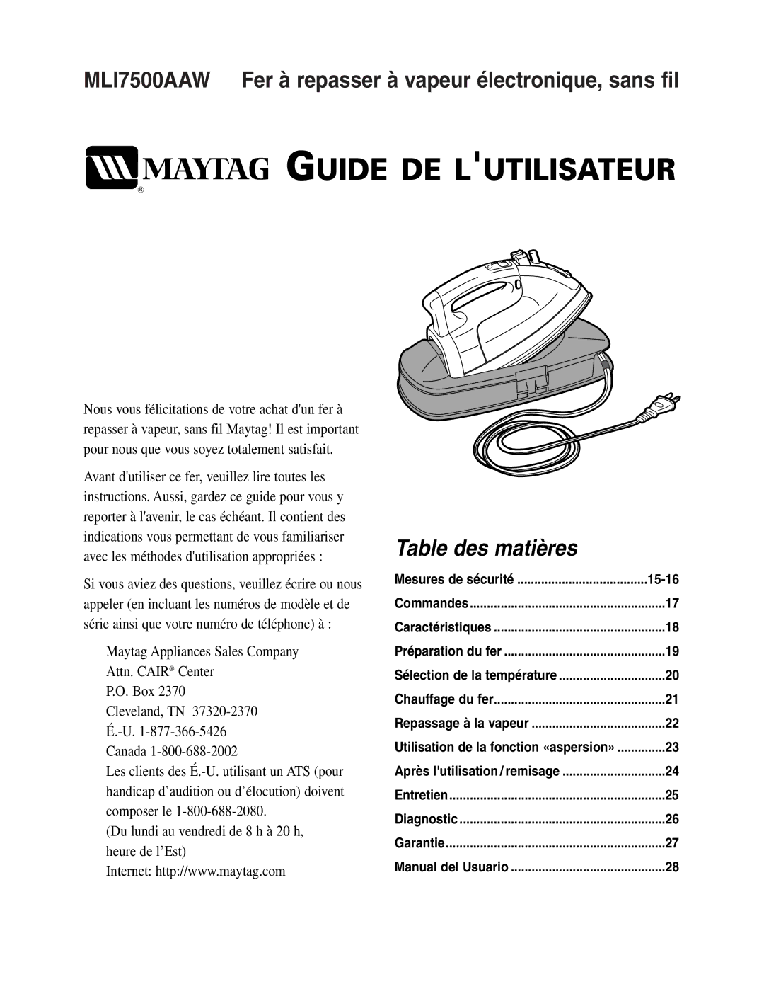 Maytag warranty Guide DE Lutilisateur, MLI7500AAW Fer à repasser à vapeur électronique, sans fil 