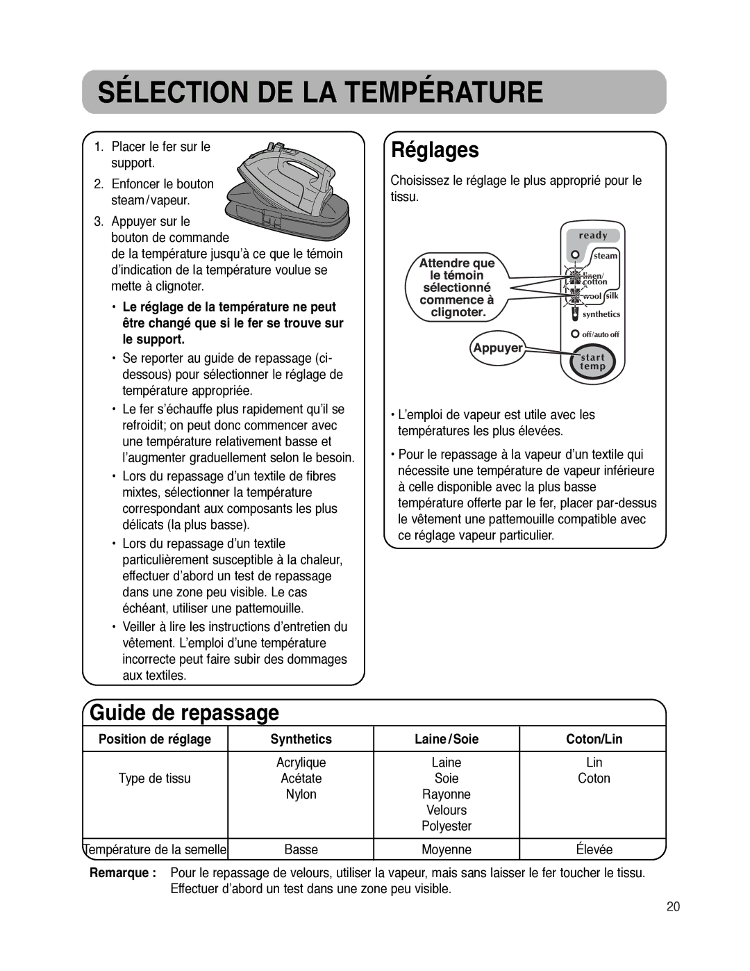 Maytag MLI7500AAW warranty Sélection DE LA Température, Réglages, Guide de repassage 