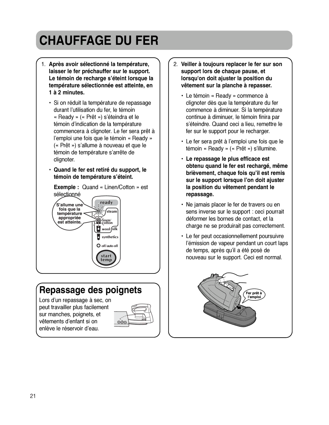 Maytag MLI7500AAW warranty Chauffage DU FER, Repassage des poignets 