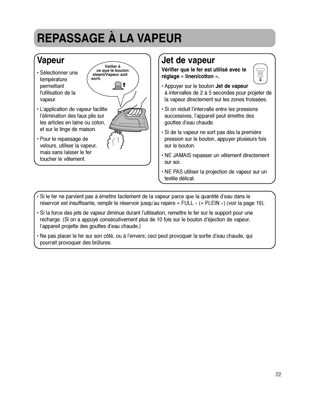 Maytag MLI7500AAW warranty Repassage À LA Vapeur, Jet de vapeur 