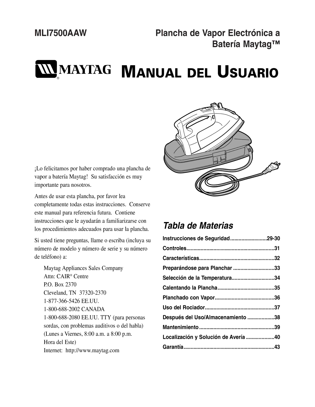 Maytag MLI7500AAW warranty Plancha de Vapor Electrónica a, Batería Maytag 