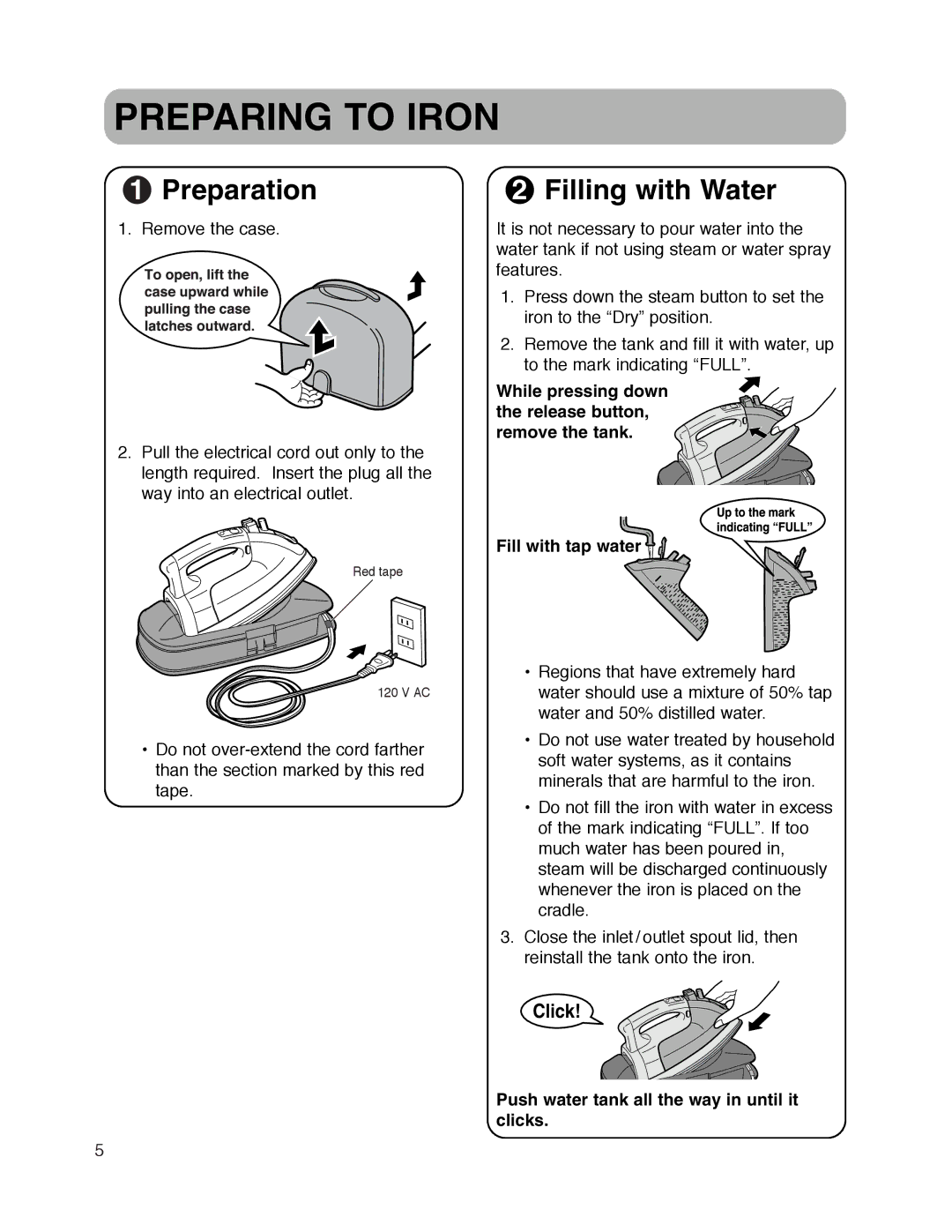 Maytag MLI7500AAW Preparing to Iron, Preparation, Filling with Water, Push water tank all the way in until it clicks 