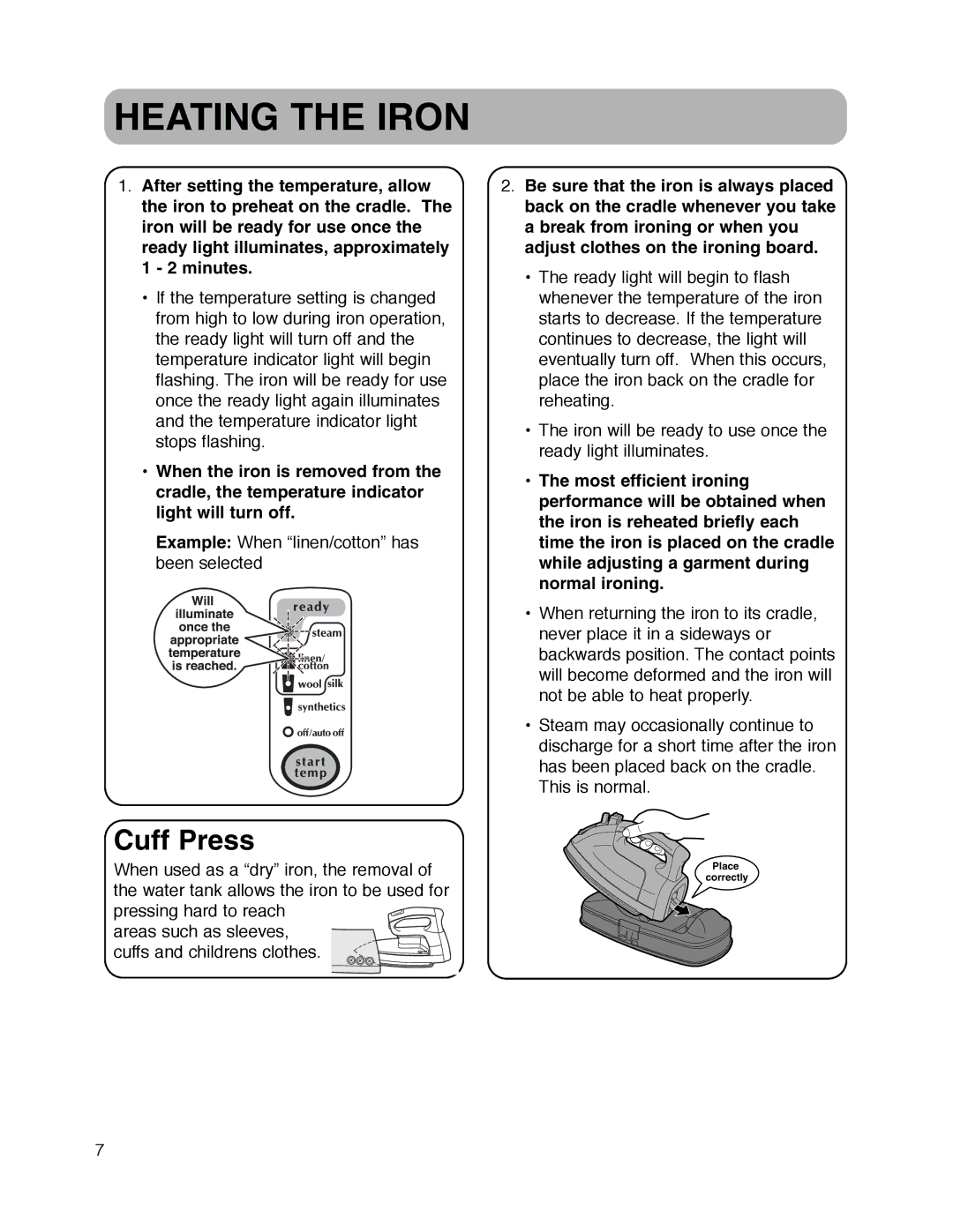 Maytag MLI7500AAW warranty Heating the Iron, Cuff Press 