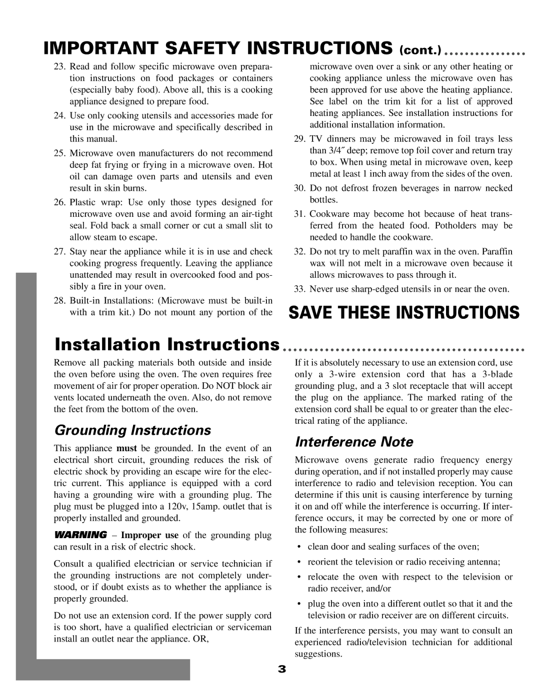 Maytag MMC5000A Important Safety Instructions, Installation Instructions, Grounding Instructions, Interference Note 