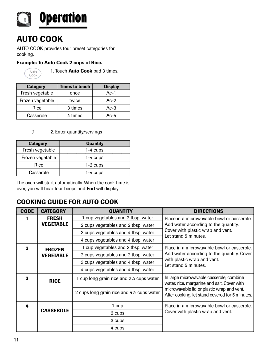 Maytag MMV1153AA important safety instructions Cooking Guide for Auto Cook, Vegetable 