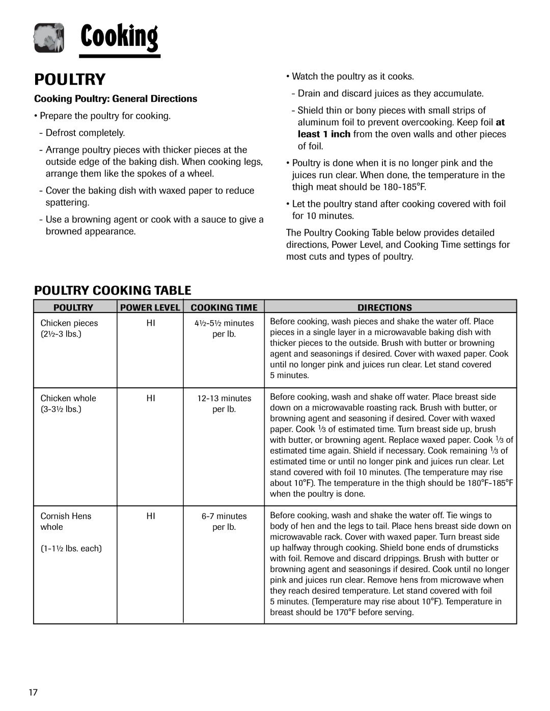 Maytag MMV1153AA important safety instructions Poultry Cooking Table, Cooking Time Directions 