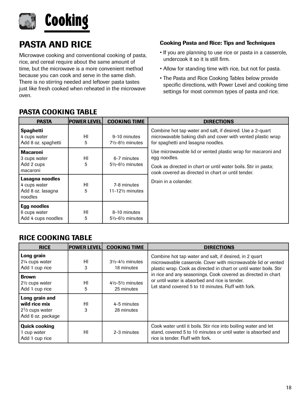 Maytag MMV1153AA important safety instructions Pasta and Rice, Pasta Cooking Table, Rice Cooking Table 