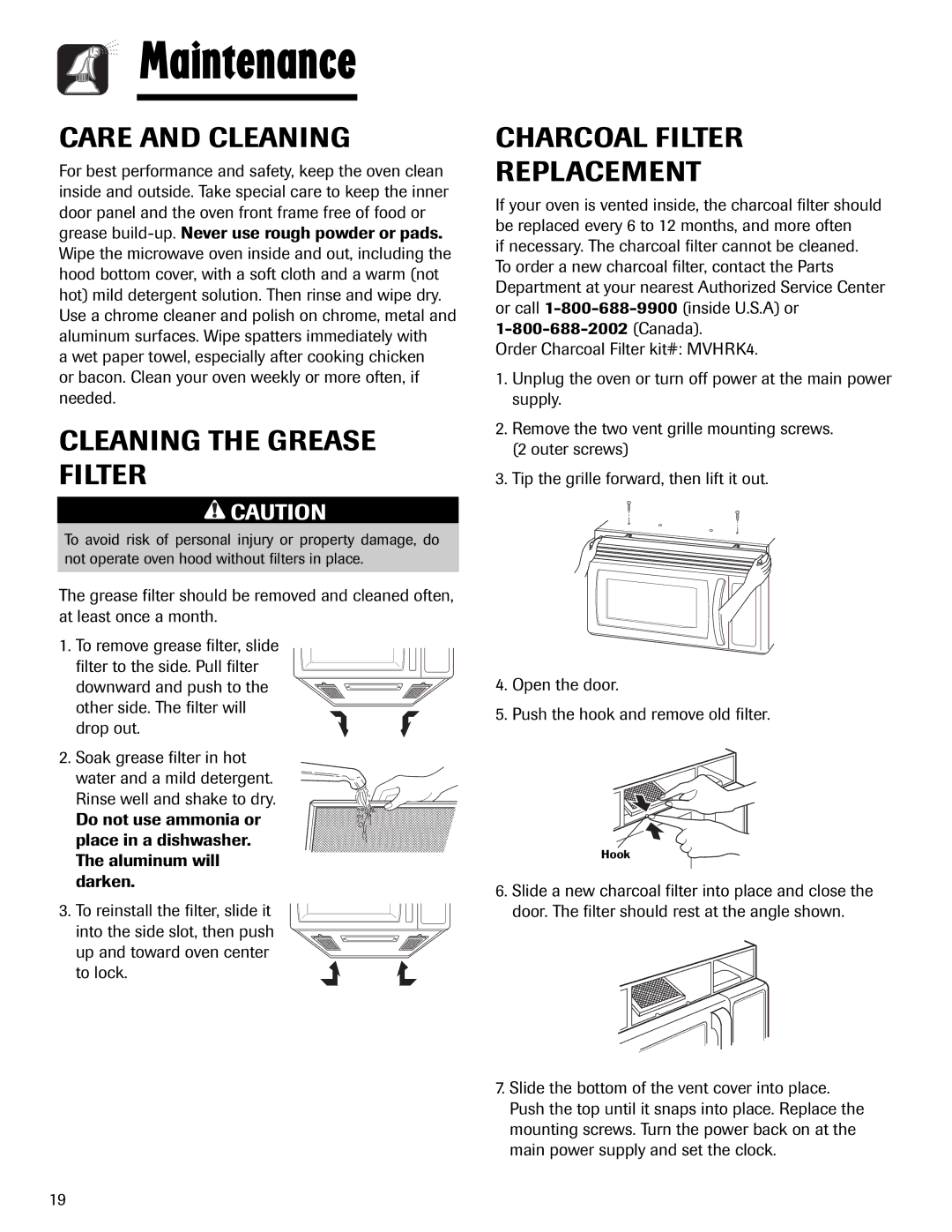 Maytag MMV1153AA Maintenance, Care and Cleaning, Cleaning the Grease Filter, Charcoal Filter Replacement 