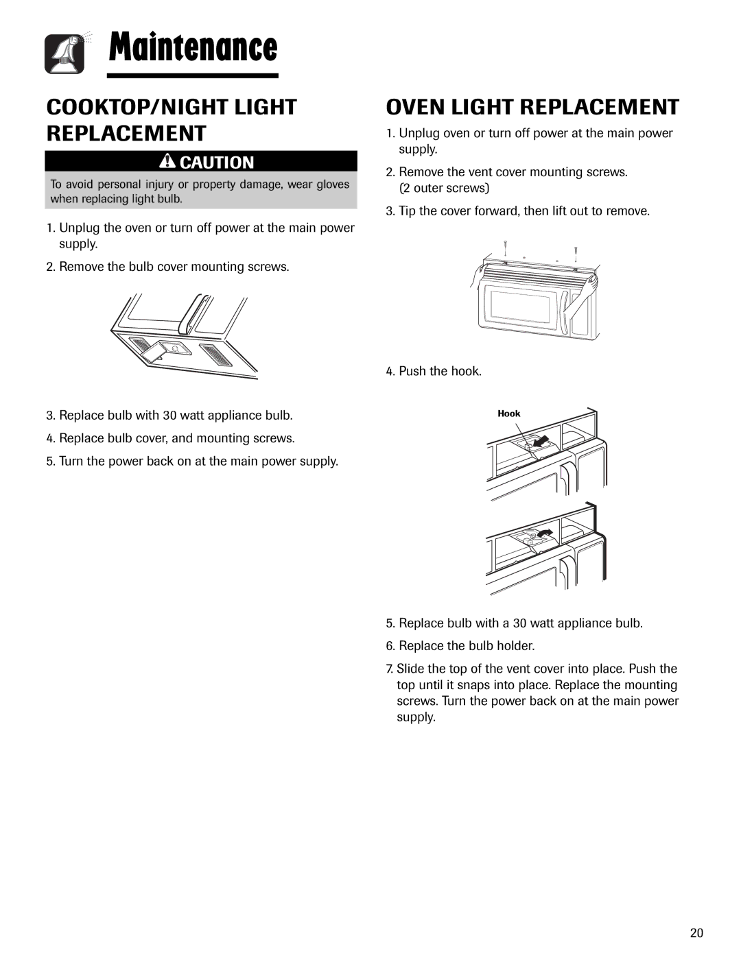 Maytag MMV1153AA important safety instructions COOKTOP/NIGHT Light Replacement, Oven Light Replacement 