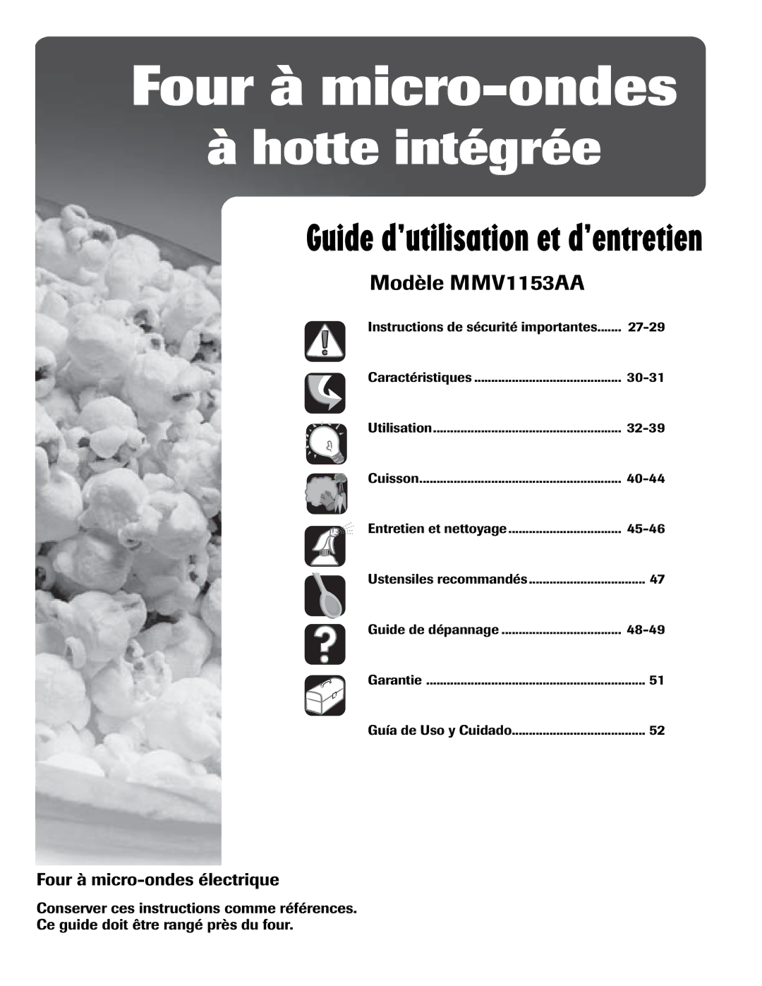 Maytag MMV1153AA important safety instructions Caractéristiques, Utilisation, Guide de dépannage 