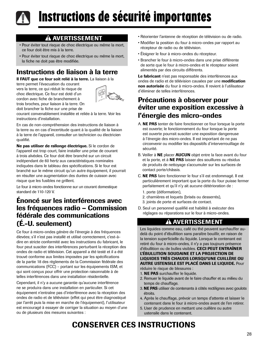 Maytag MMV1153AA important safety instructions Conserver CES Instructions, Instructions de liaison à la terre 