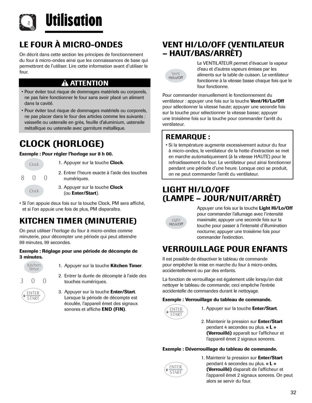 Maytag MMV1153AA important safety instructions Utilisation, Clock Horloge 