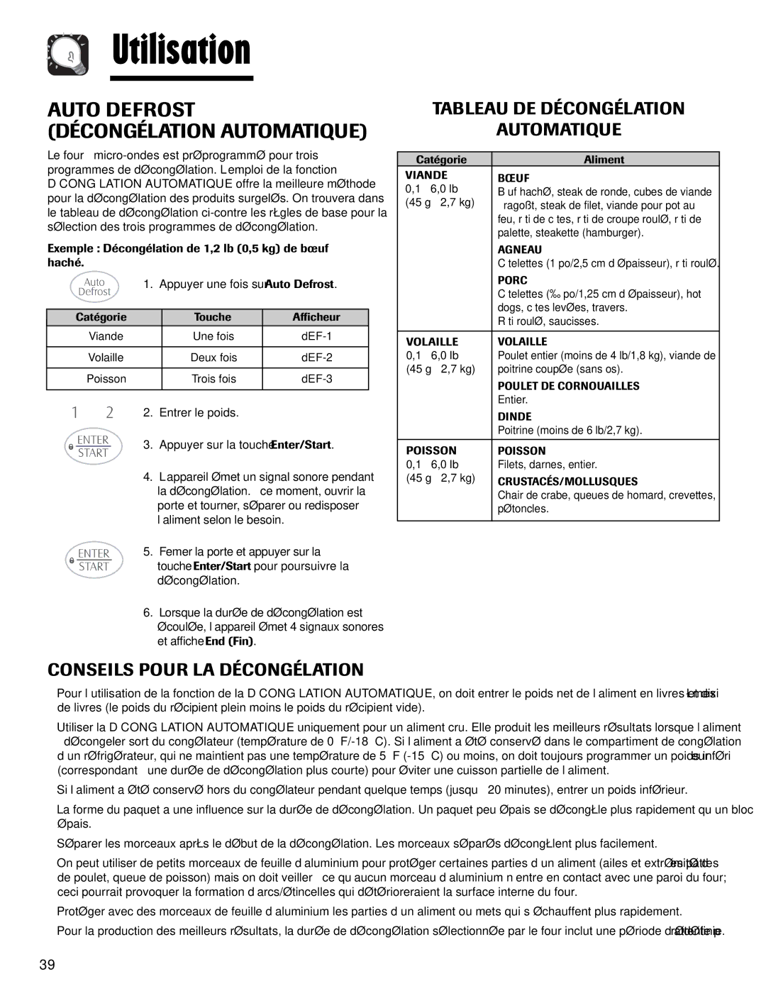 Maytag MMV1153AA Auto Defrost Décongélation Automatique, Entrer le poids Appuyer sur la touche Enter/Start 