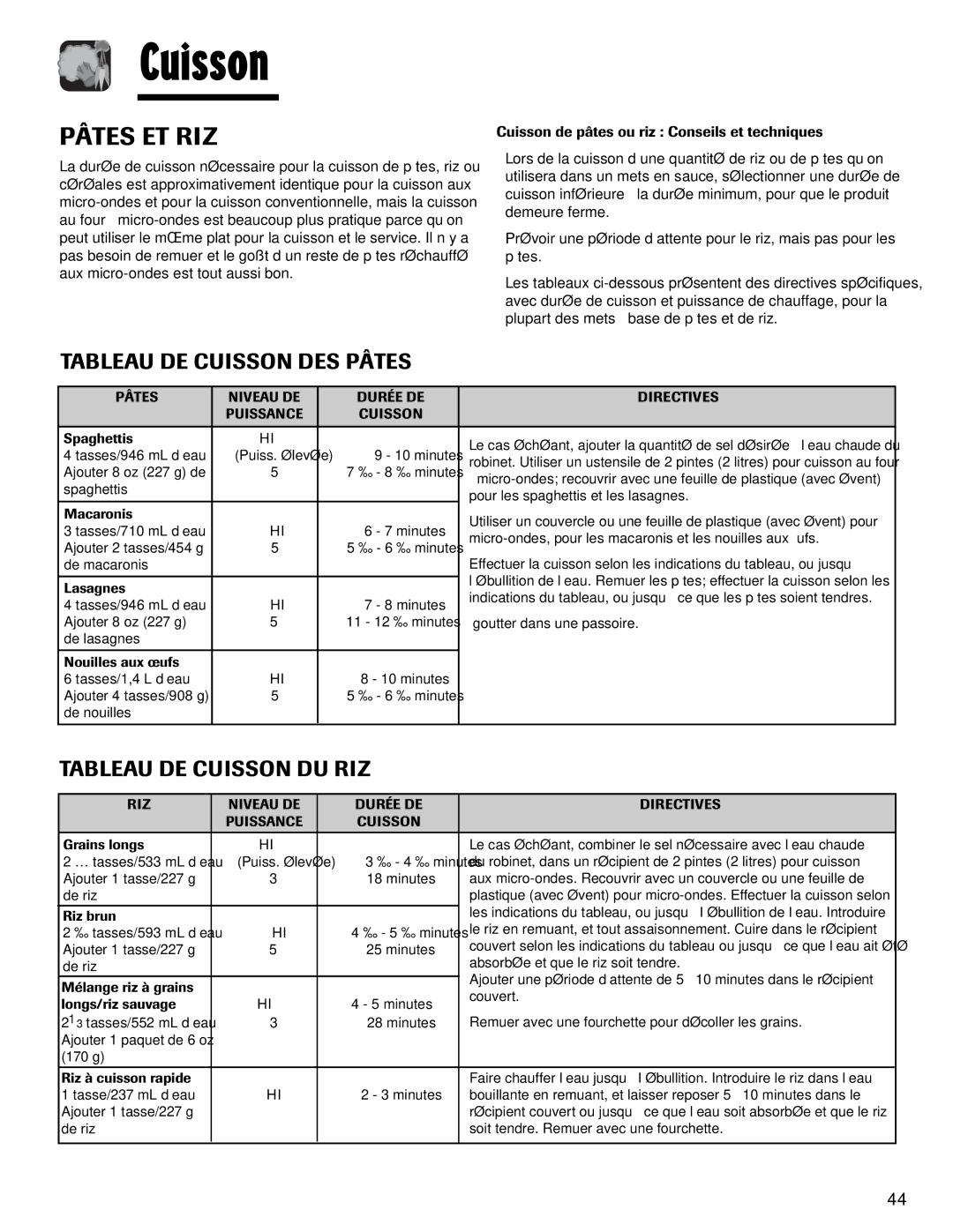 Maytag MMV1153AA important safety instructions Pâtes ET RIZ, Tableau DE Cuisson DES Pâtes, Tableau DE Cuisson DU RIZ 