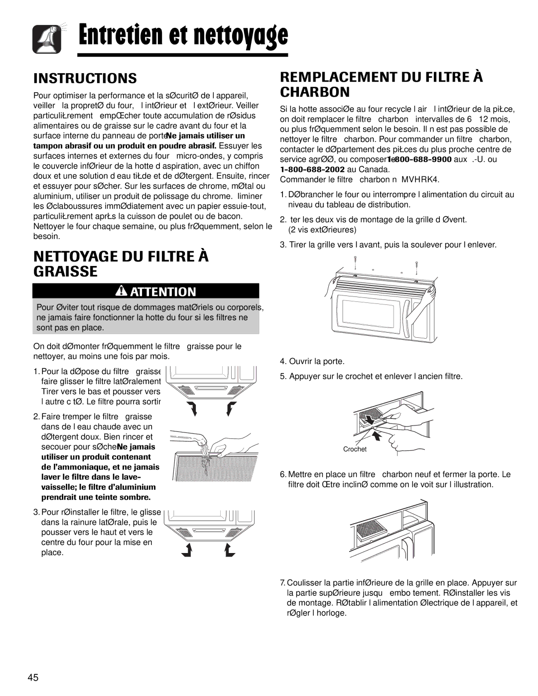 Maytag MMV1153AA important safety instructions Entretien et nettoyage, Instructions, Remplacement DU Filtre À Charbon 