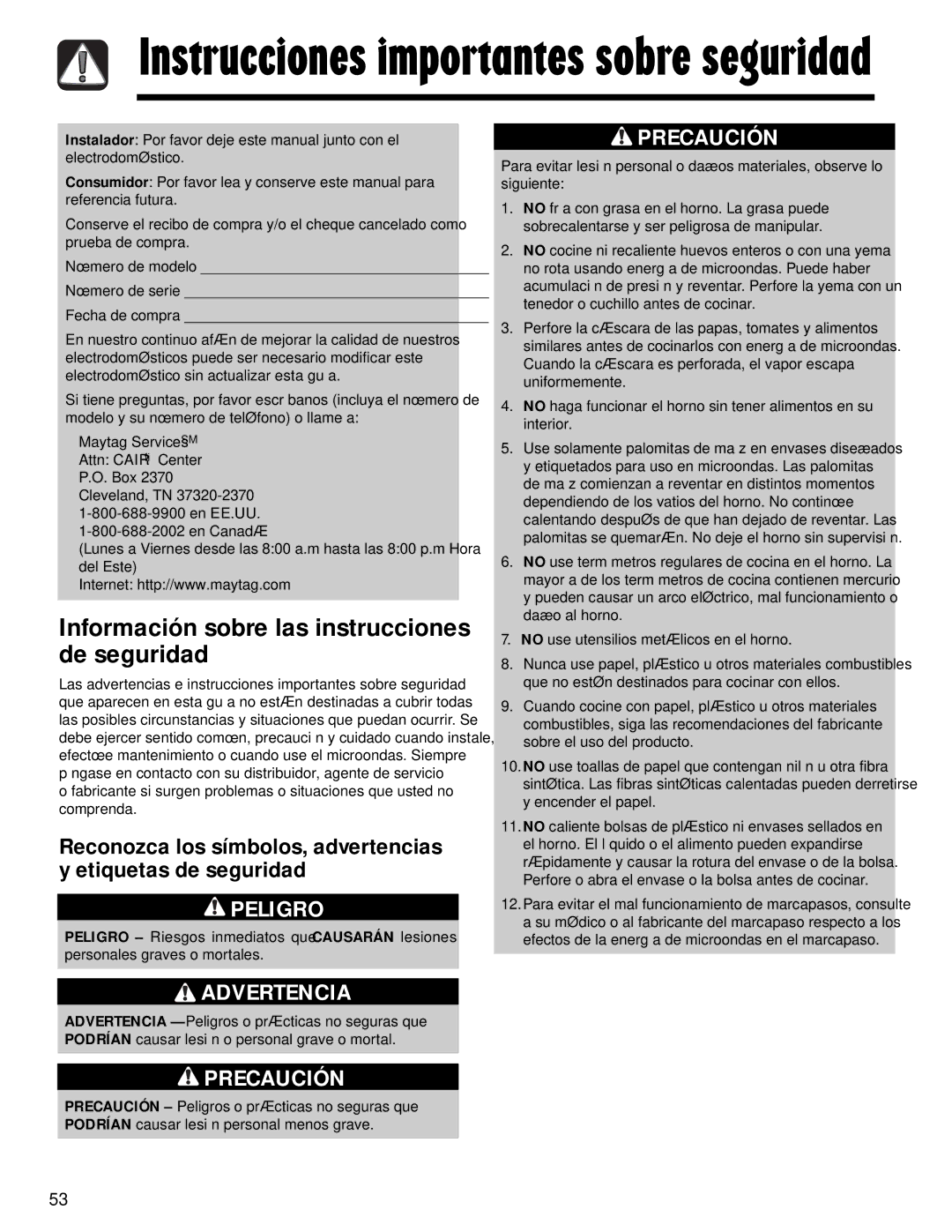 Maytag MMV1153AA Instrucciones importantes sobre seguridad, Información sobre las instrucciones de seguridad 