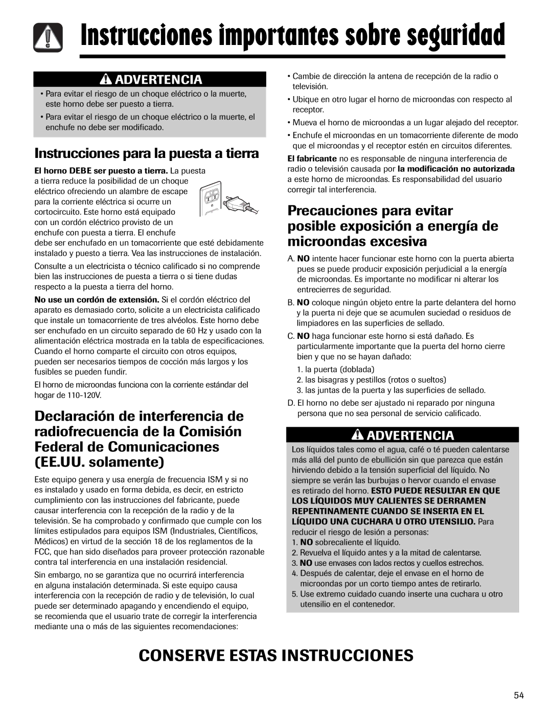 Maytag MMV1153AA important safety instructions Conserve Estas Instrucciones, Instrucciones para la puesta a tierra 