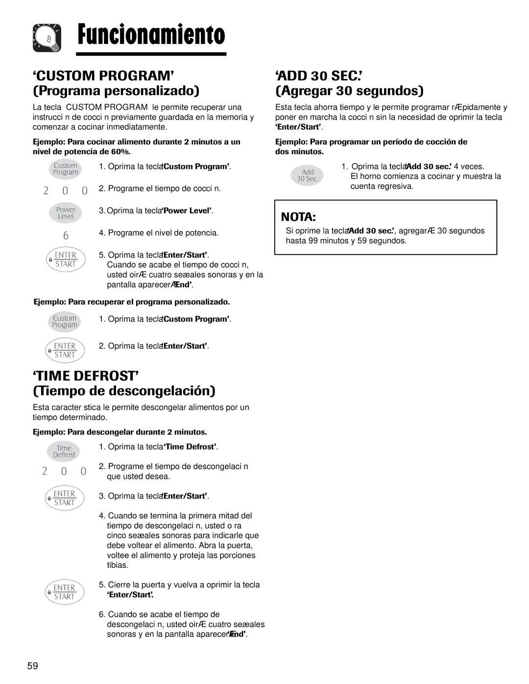 Maytag MMV1153AA ‘CUSTOM PROGRAM’ Programa personalizado, ‘Time Defrost’, Tiempo de descongelación 