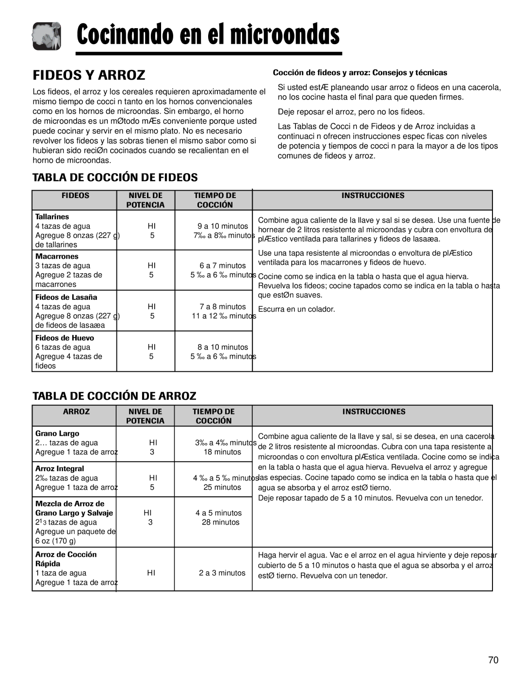 Maytag MMV1153AA important safety instructions Fideos Y Arroz, Tabla DE Cocción DE Fideos 