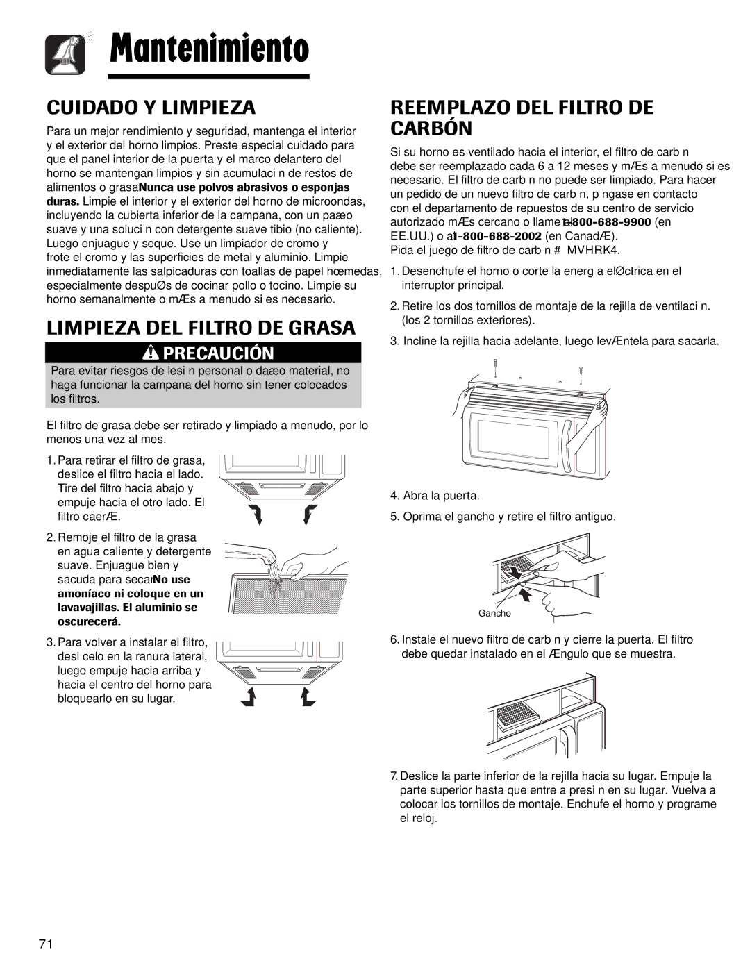 Maytag MMV1153AA Cuidado Y Limpieza, Limpieza DEL Filtro DE Grasa, Reemplazo DEL Filtro DE Carbón 