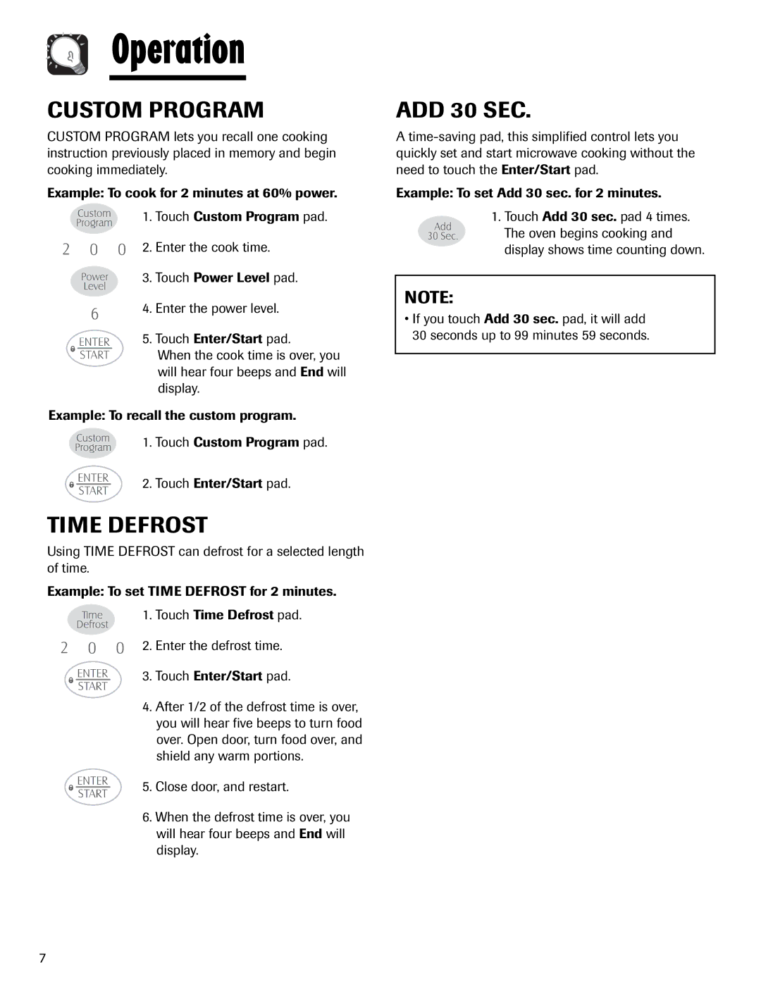 Maytag MMV1153AA important safety instructions Custom Program, Time Defrost, ADD 30 SEC 