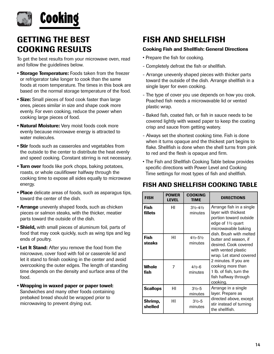 Maytag MMV1153AA important safety instructions Getting The Best Cooking Results, Fish And Shellfish Cooking Table 