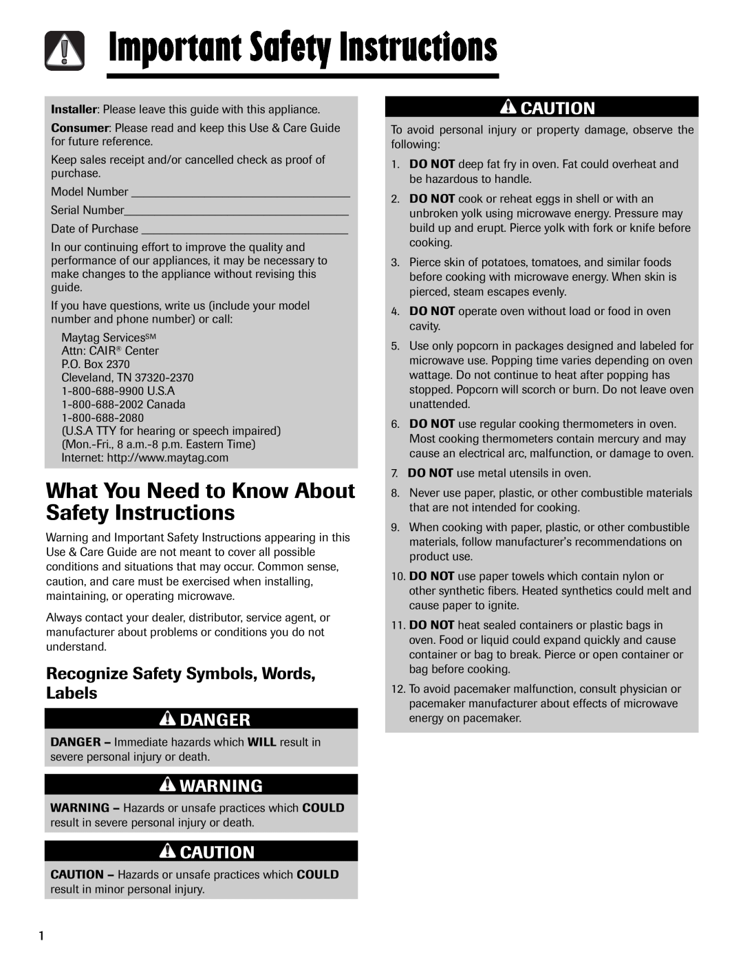 Maytag MMV1153AA Important Safety Instructions, What You Need to Know About Safety Instructions, Danger 