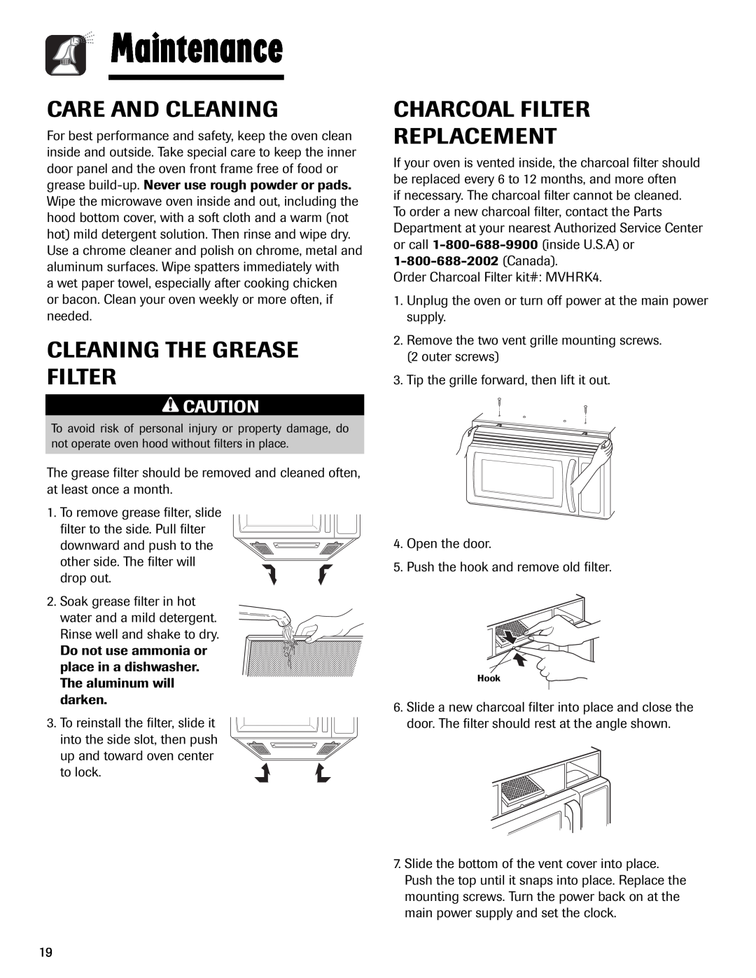Maytag MMV1153AA Maintenance, Care And Cleaning, Cleaning The Grease Filter, Charcoal Filter Replacement 