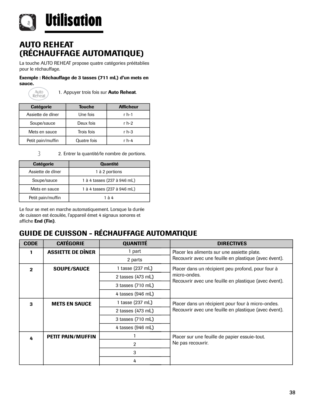 Maytag MMV1153AA Auto Reheat Réchauffage Automatique, Utilisation, Guide De Cuisson - Réchauffage Automatique 